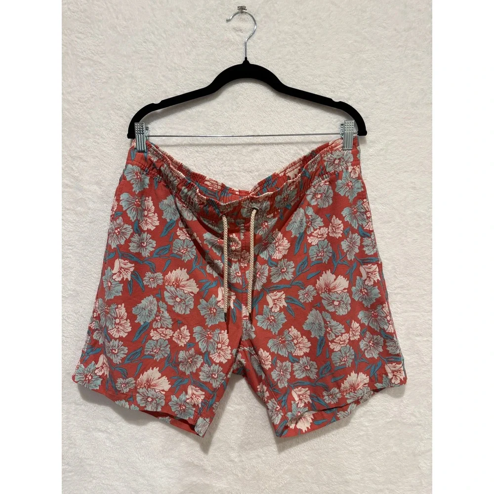 Faherty Beacon Trunk Mens Swim Shorts Floral Red Sustainable Board Shorts Large